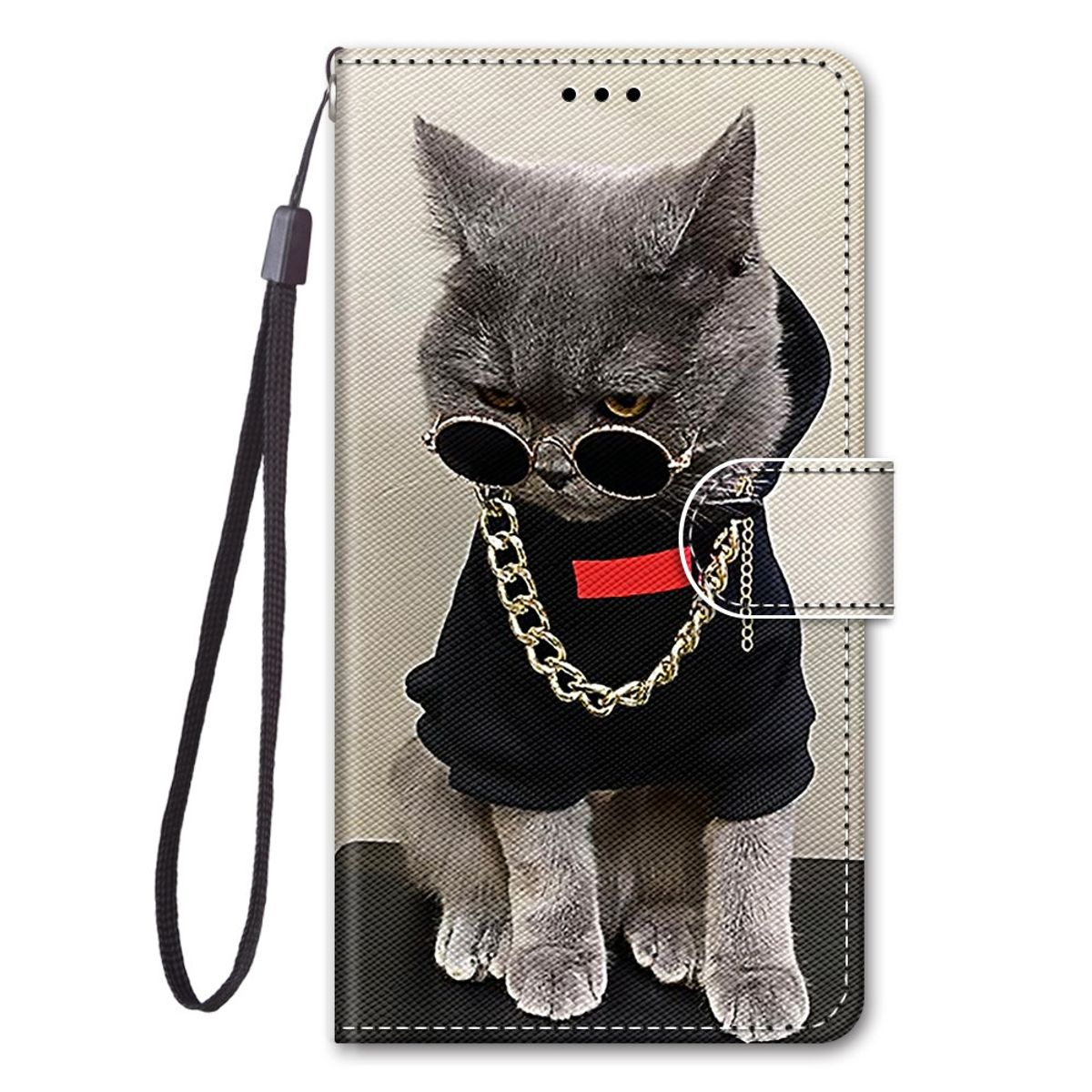 Katze mit Sonnenbrille und Goldkette auf einer Handyhülle.