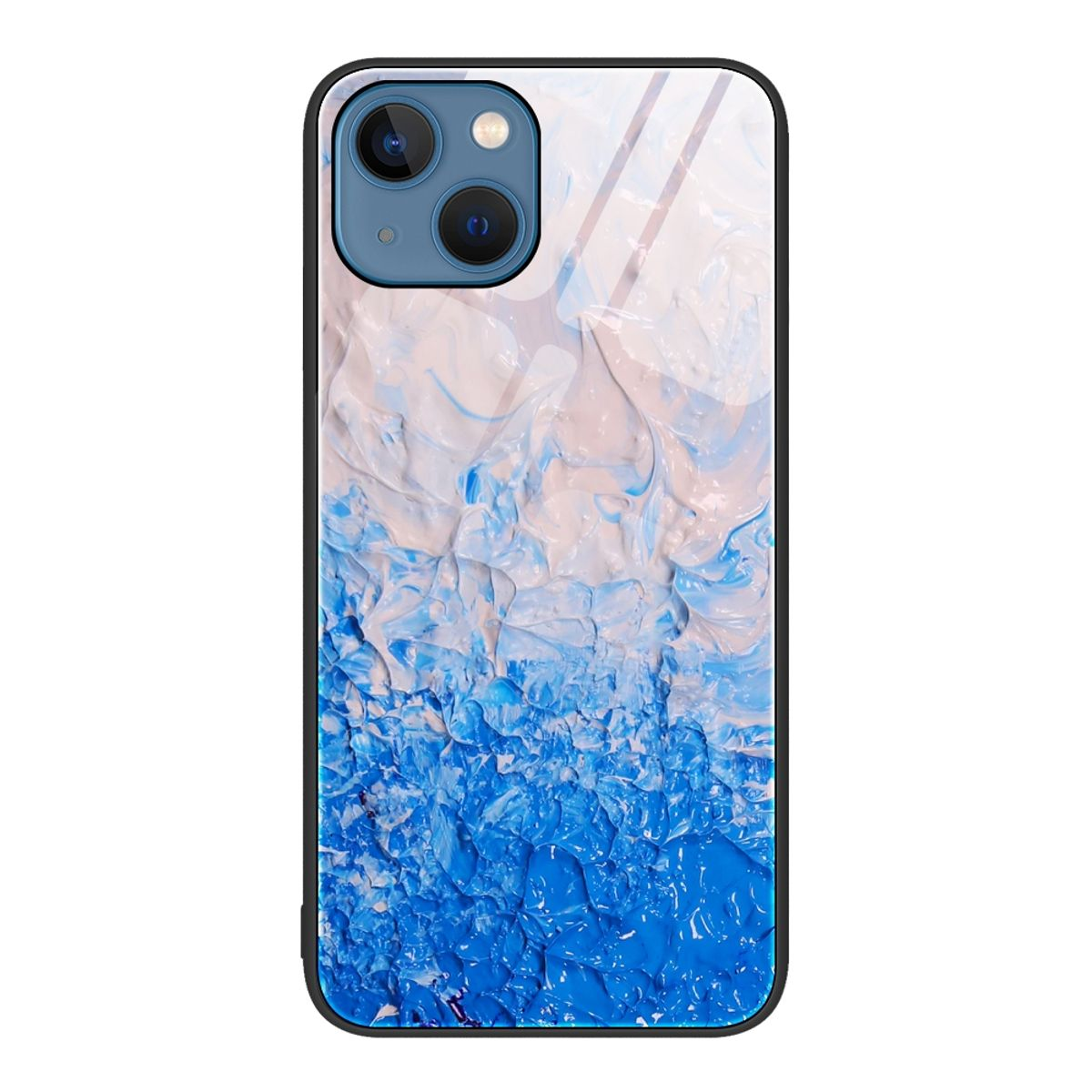 Handyhülle mit blauem und weißem abstraktem Kunstdesign, schwarzer Rand.