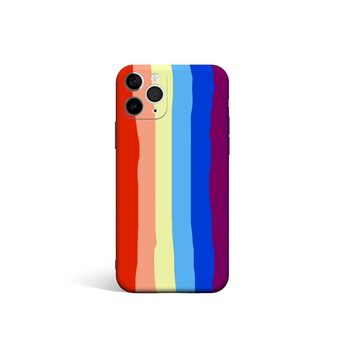 Ein Telefon mit einem Regenbogenmuster auf der Rückseite. Rote, orange, gelbe, grüne, blaue und violette Streifen.