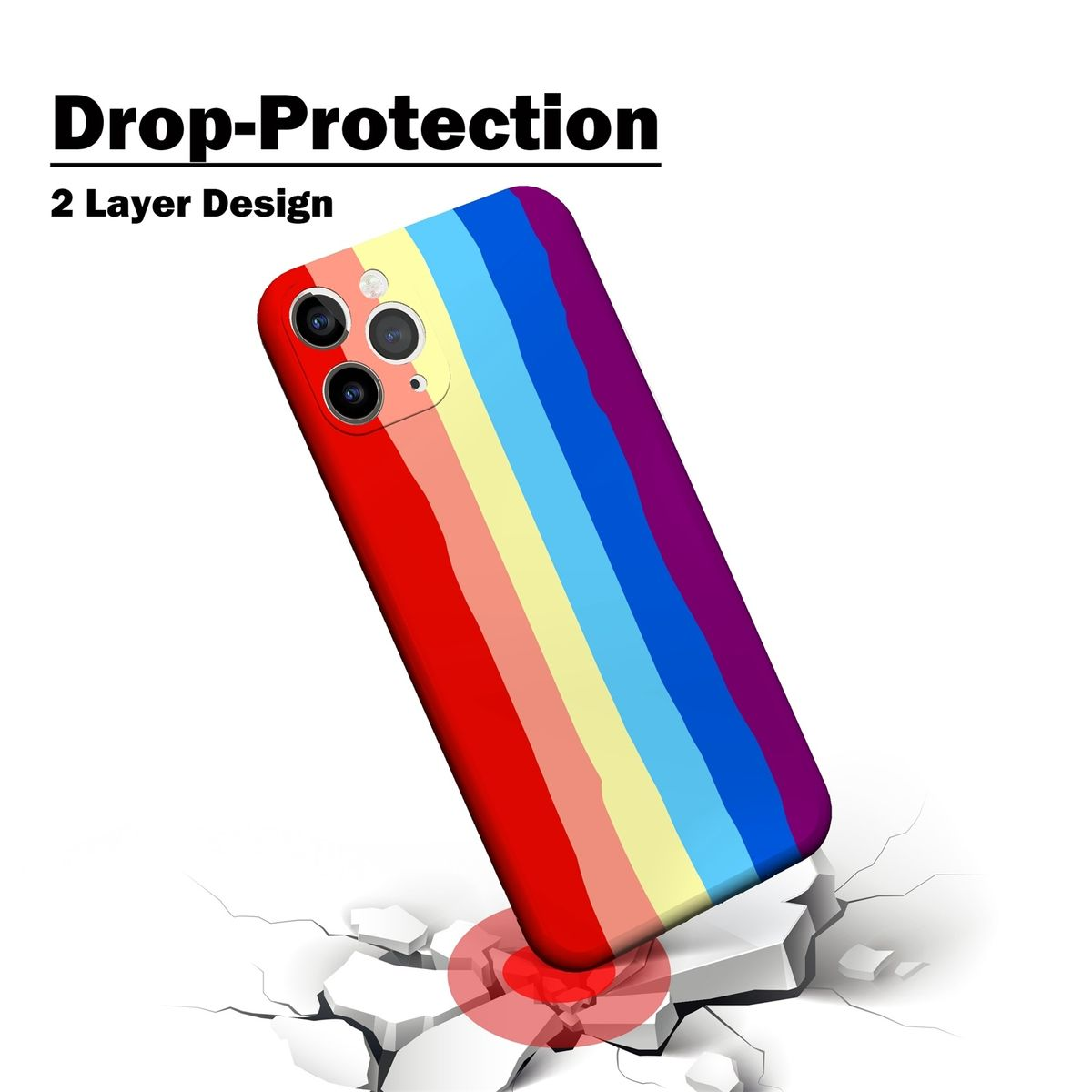 Eine Handyhülle mit Regenbogen-Design und rotem Aufprallpunkt. Die Handyhülle liegt auf einer zerbrochenen Oberfläche.