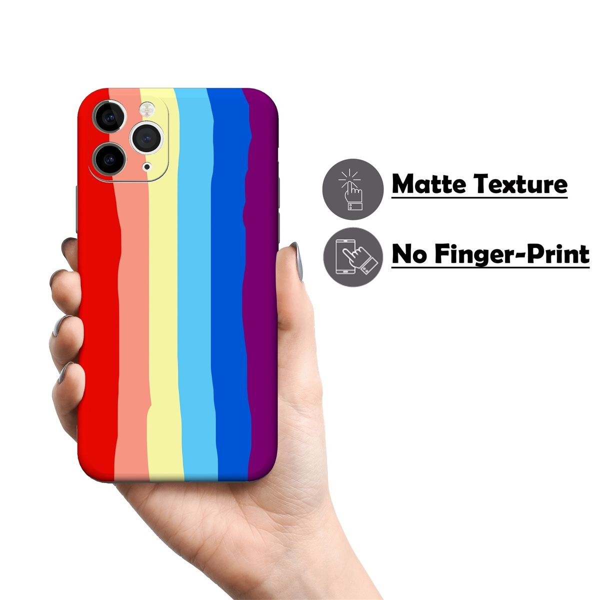 Eine Handyhülle mit Regenbogen-Design, gehalten von einer Hand. Text sagt Matte Textur und Kein Fingerabdruck.