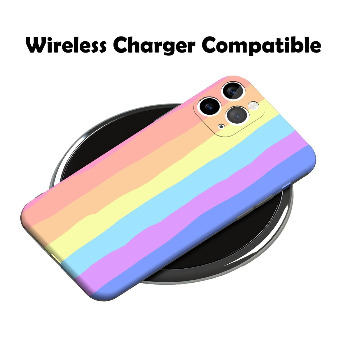 Handyhülle mit Regenbogenstreifen auf einem kabellosen Ladegerät. Die Worte 'Wireless Charger Compatible' stehen oben.