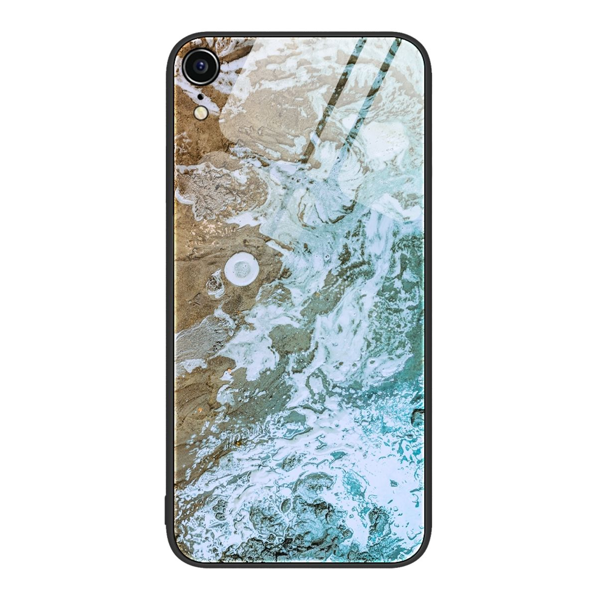 Handyhülle mit einem Design von Meereswellen. Der Hintergrund ist ein Sandstrand.