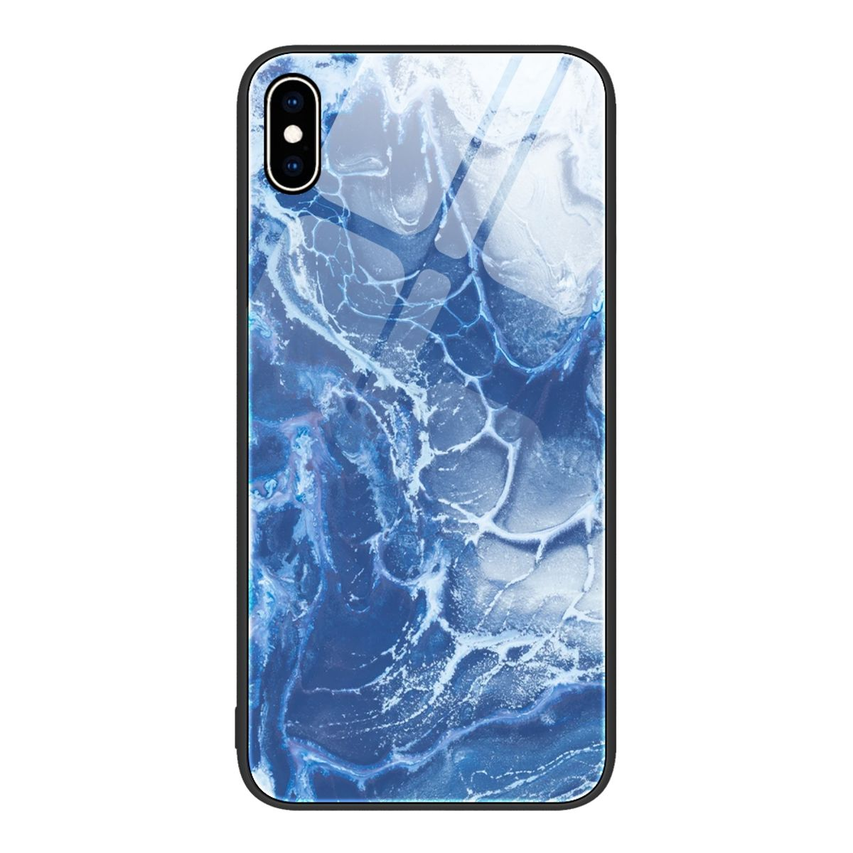 Eine glänzende Handyhülle mit blauem Marmordesign. Die Hülle hat einen schwarzen Rand.