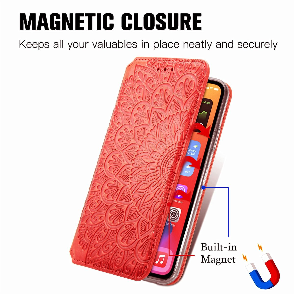 Rote Handyhülle mit Blumendesign, geöffnet mit Telefon, Magneten und eingebautem Magneten sichtbar.