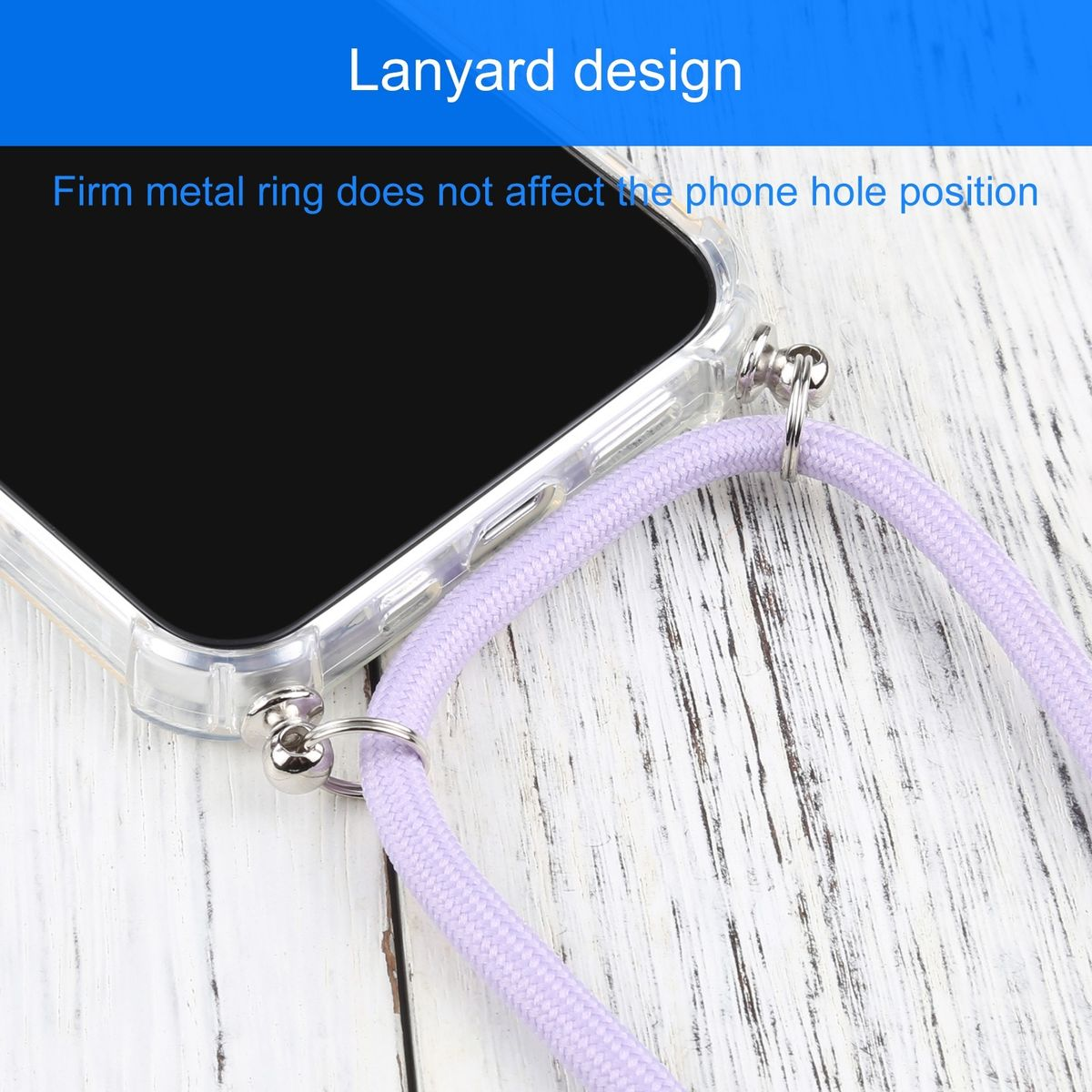 Handyhülle mit Lanyard-Design. Lila Lanyard. Der Hintergrund ist verschwommen.