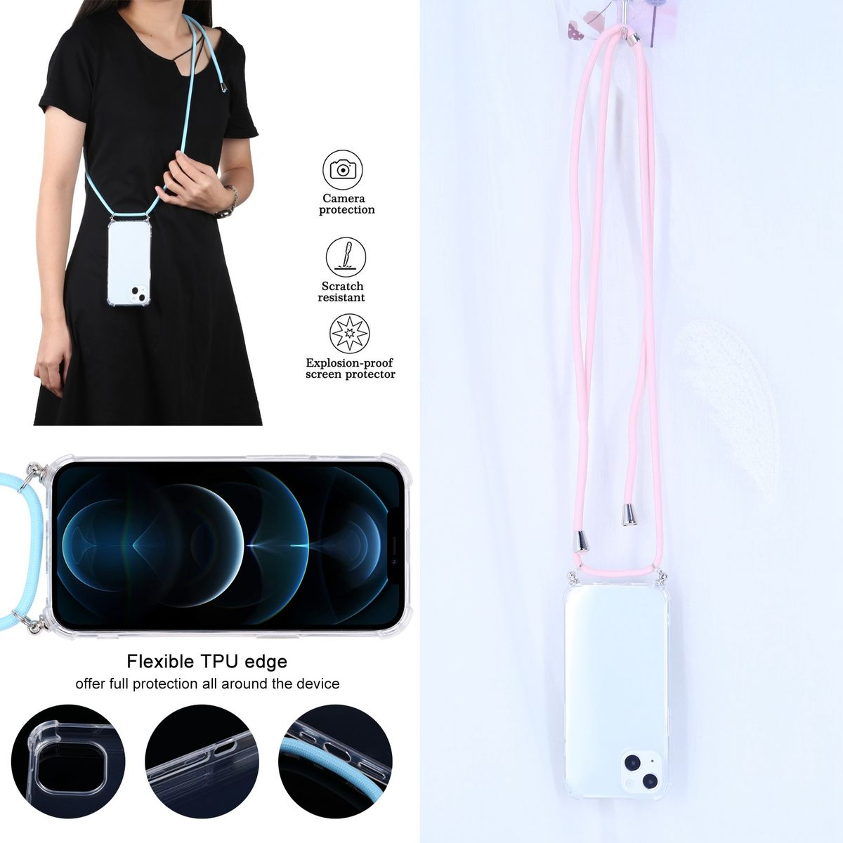 Ein Telefon in einer transparenten Hülle mit blauem Lanyard. Es gibt drei Symbole, die Kameraschutz und Kratzfestigkeit zeigen.