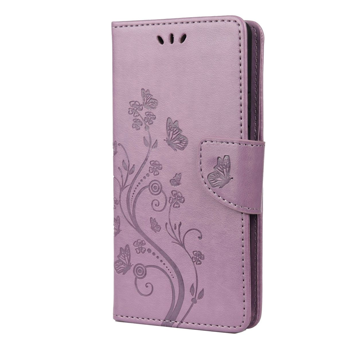 Lilafarbene Handyhülle mit floraler Prägung. Die Hülle ist geschlossen, zeigt das Design auf der Vorderseite.