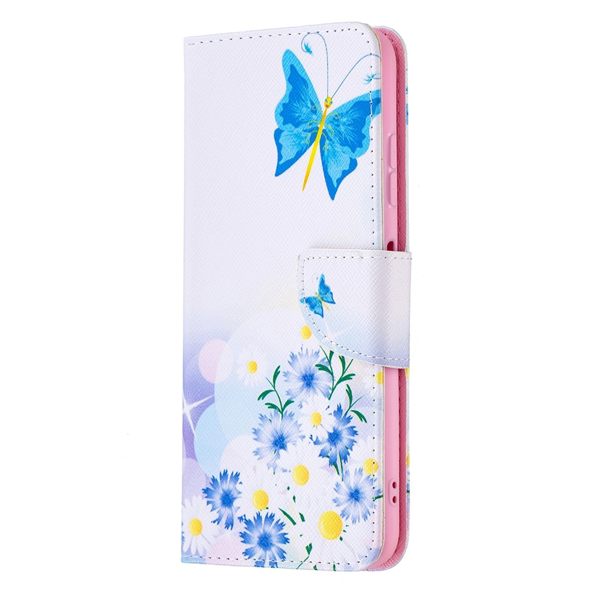 Eine weiße Handyhülle mit blauen Blumen und einem blauen Schmetterlingsdesign. Das Telefon befindet sich darin.