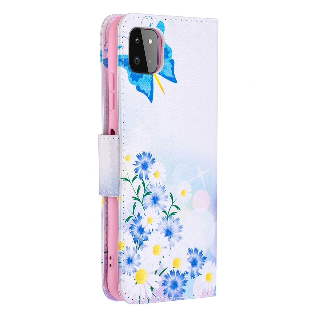 Handyhülle mit Blumen und Schmetterling. Die Hülle ist geöffnet und zeigt das Telefon.