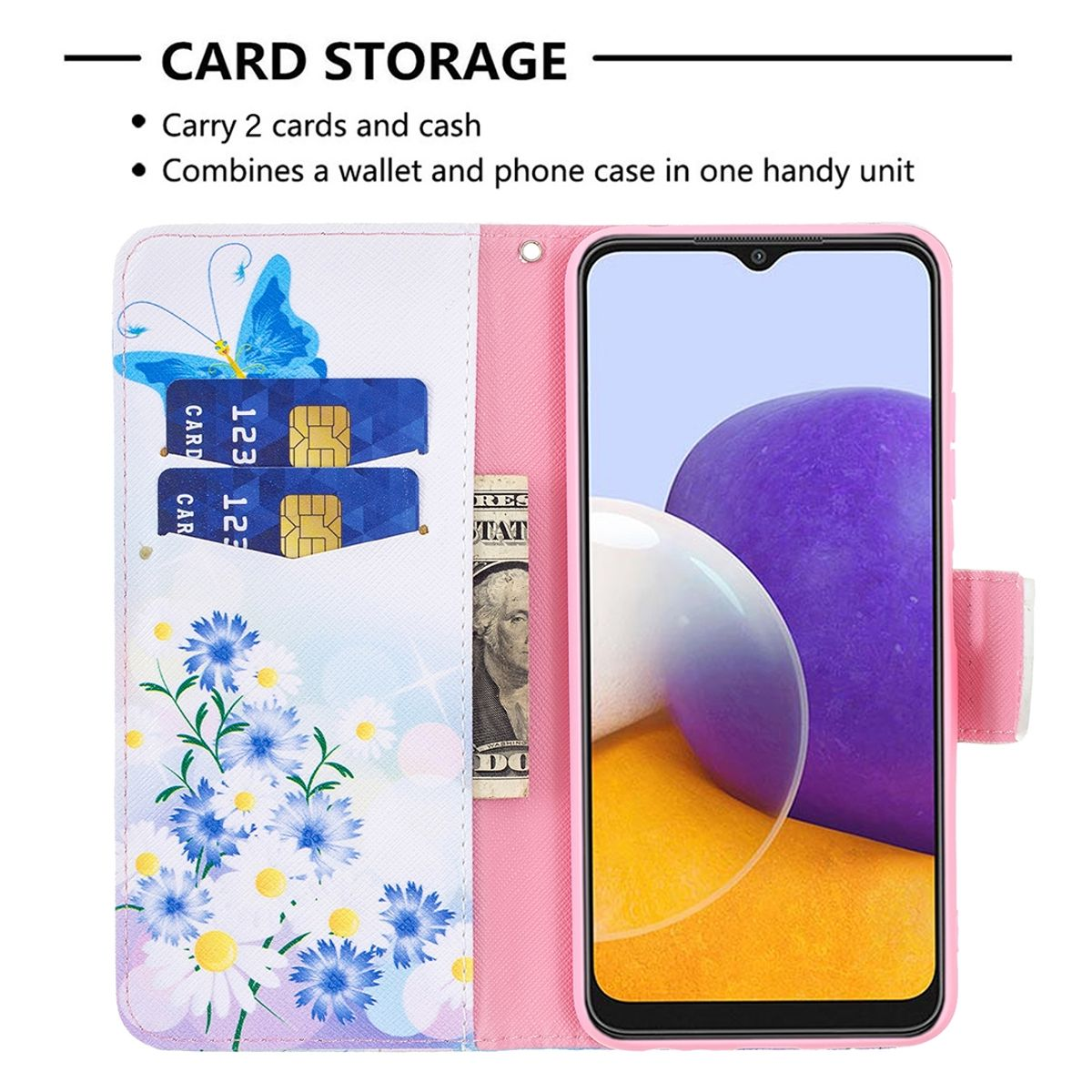 Rosa Handyhülle mit Telefon und Karten. Der Telefonbildschirm hat eine bunte Anzeige.