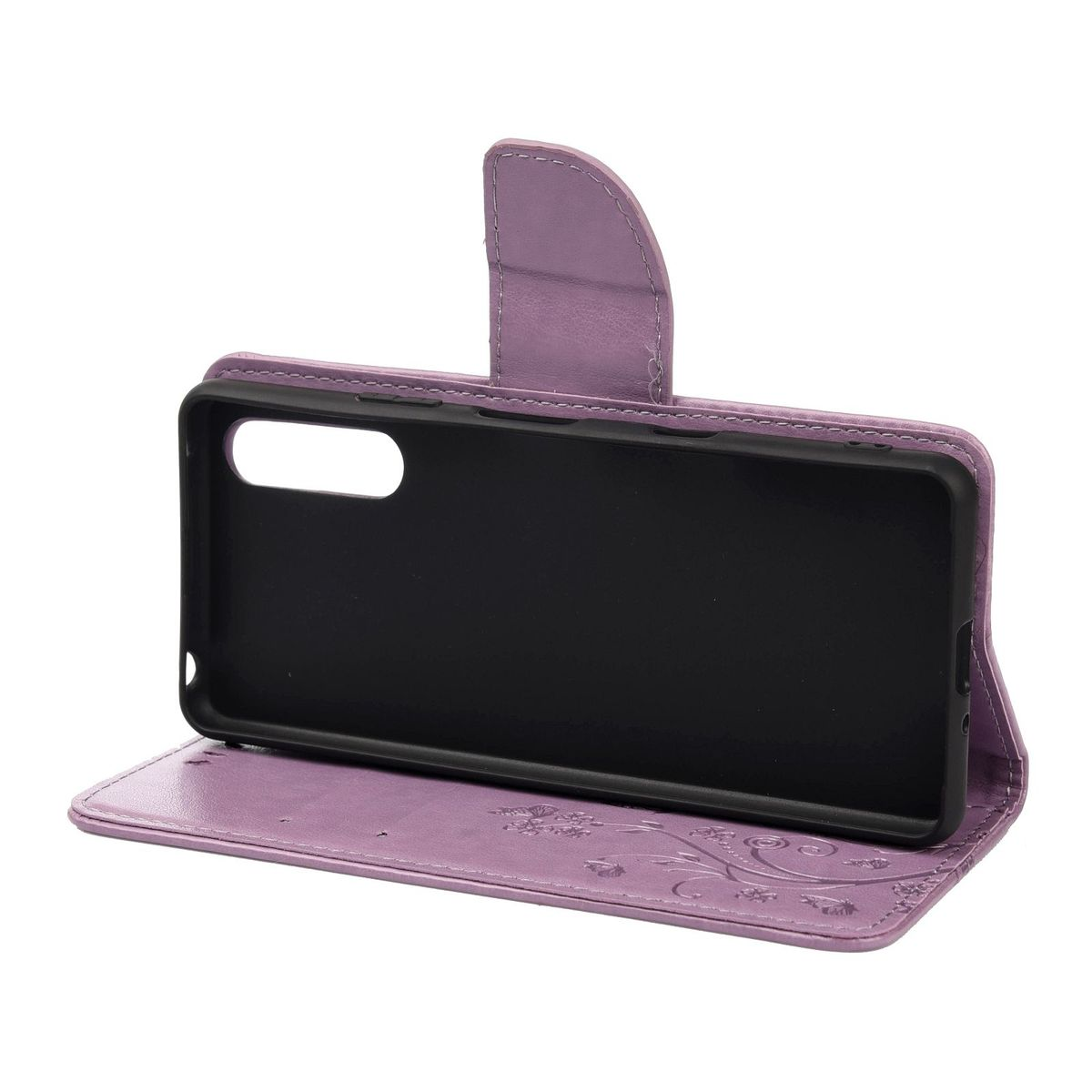 Lila Handy-Brieftasche geöffnet. Telefon ist nicht drin. Blumendesign auf dem Cover und innen.