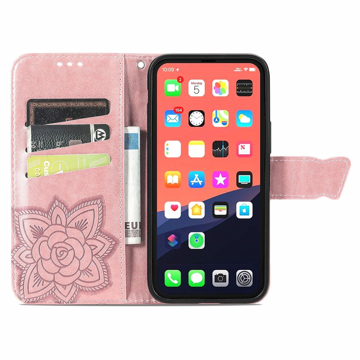 Rosa Handyhülle, geöffnet, zeigt ein Telefon mit Symbolen und Karten sowie ein Blumendesign auf weißem Hintergrund.