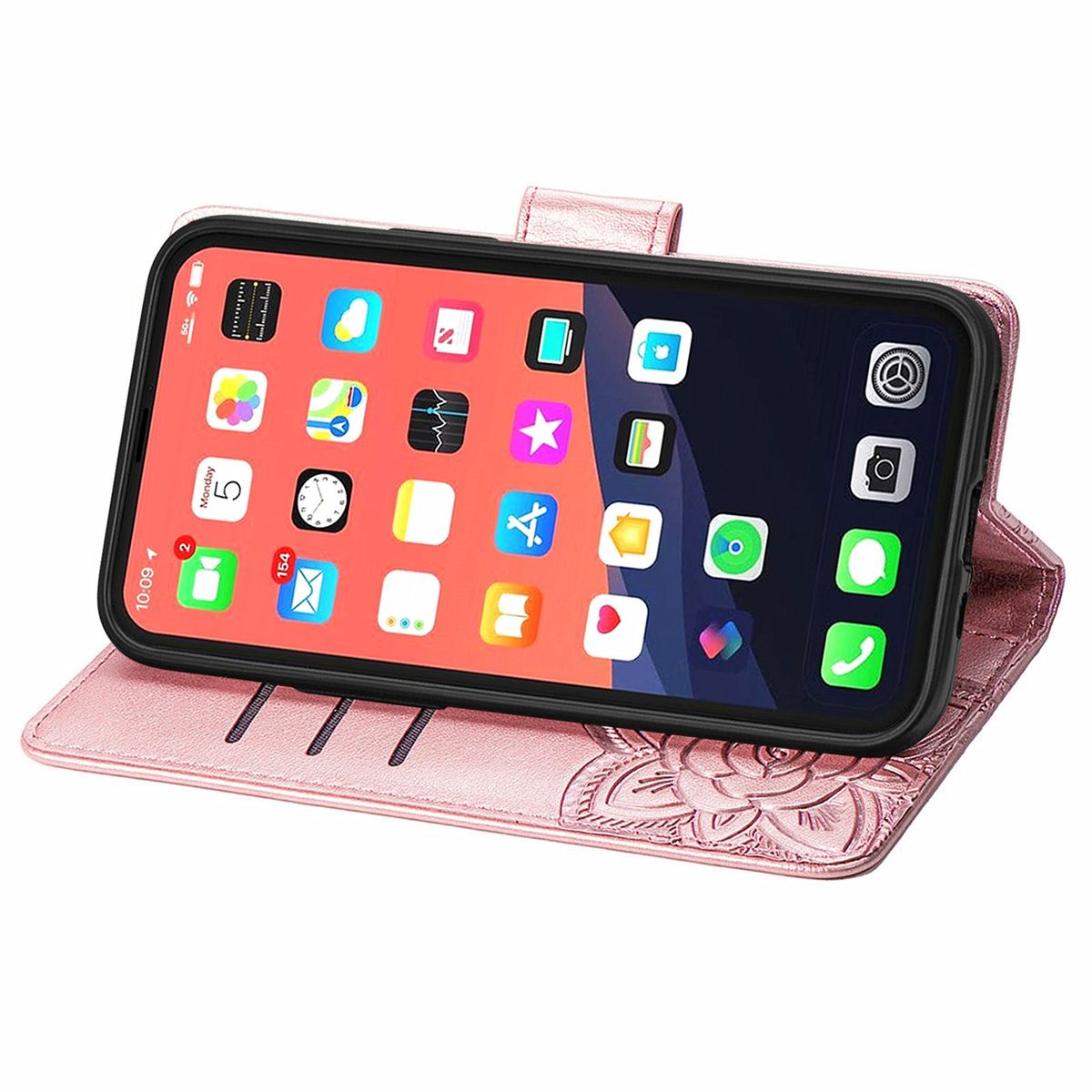 Rosa Handyhülle mit Handy, das Apps zeigt. Geöffnete Hülle mit Blumendesign und Telefon im Inneren.