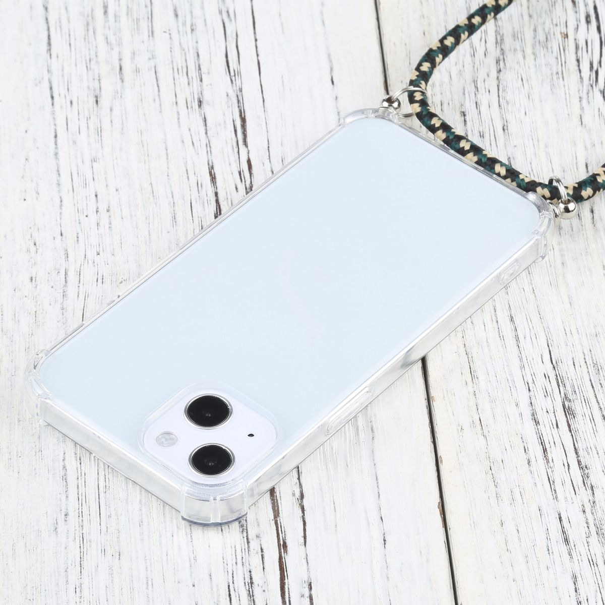 Transparente Handyhülle mit Telefon. Ein schwarzer und grüner Riemen ist an der Hülle befestigt.