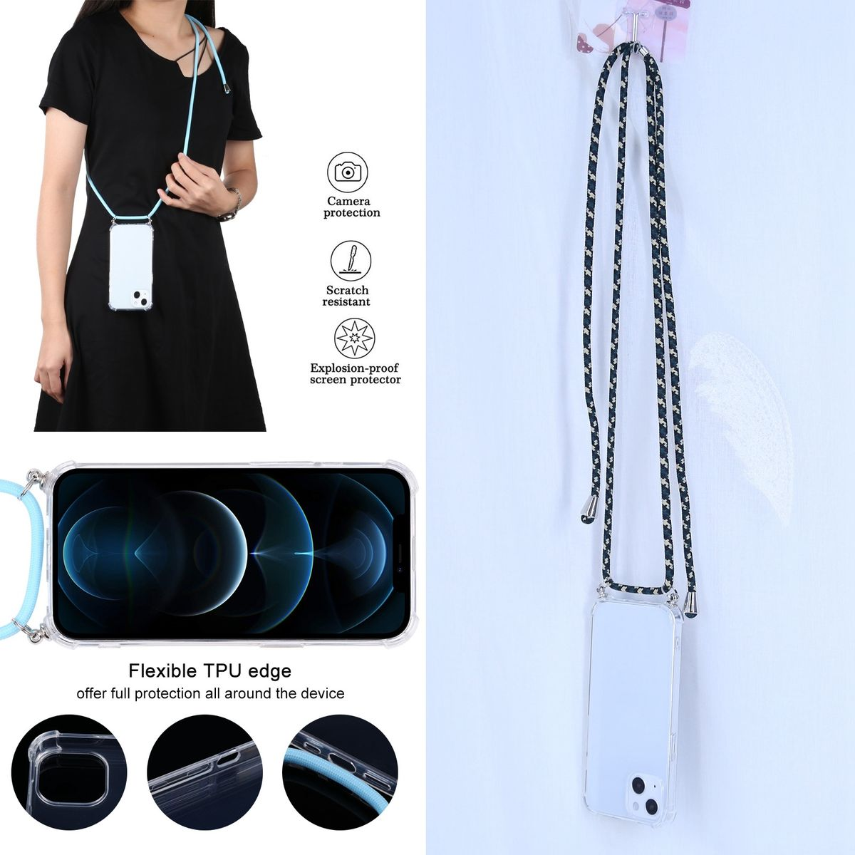 Frau mit Handyhülle und Lanyard. Details für Kamera, Bildschirmschutz und Kratzfestigkeit.