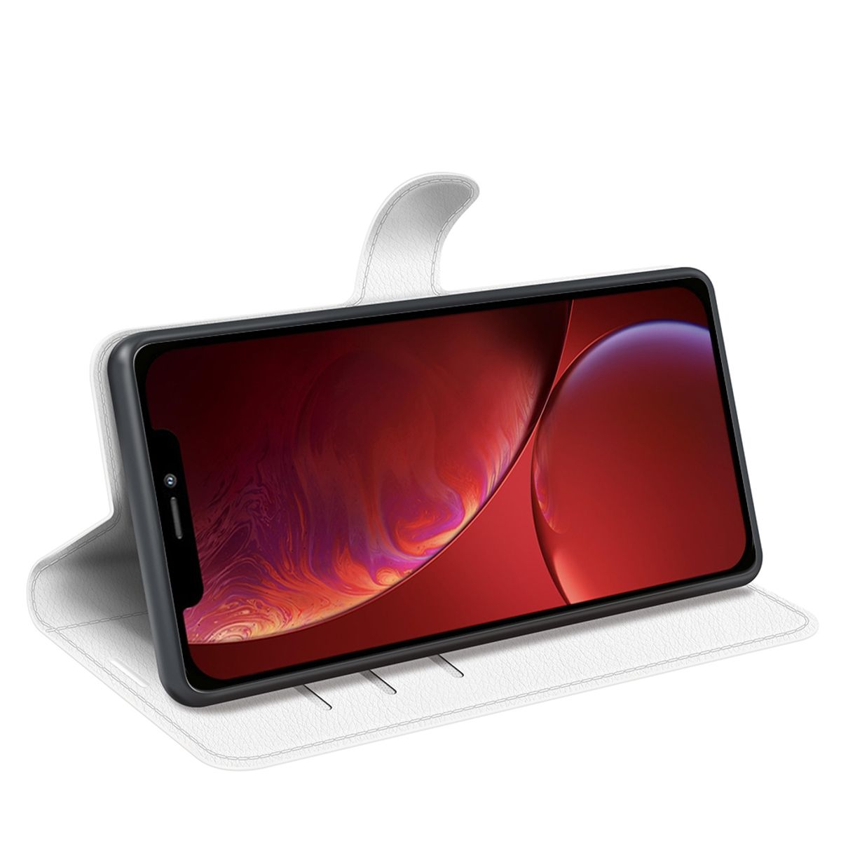 Ein Telefon in einer weißen Handyhülle. Der Bildschirm zeigt ein rot-weißes Bild.