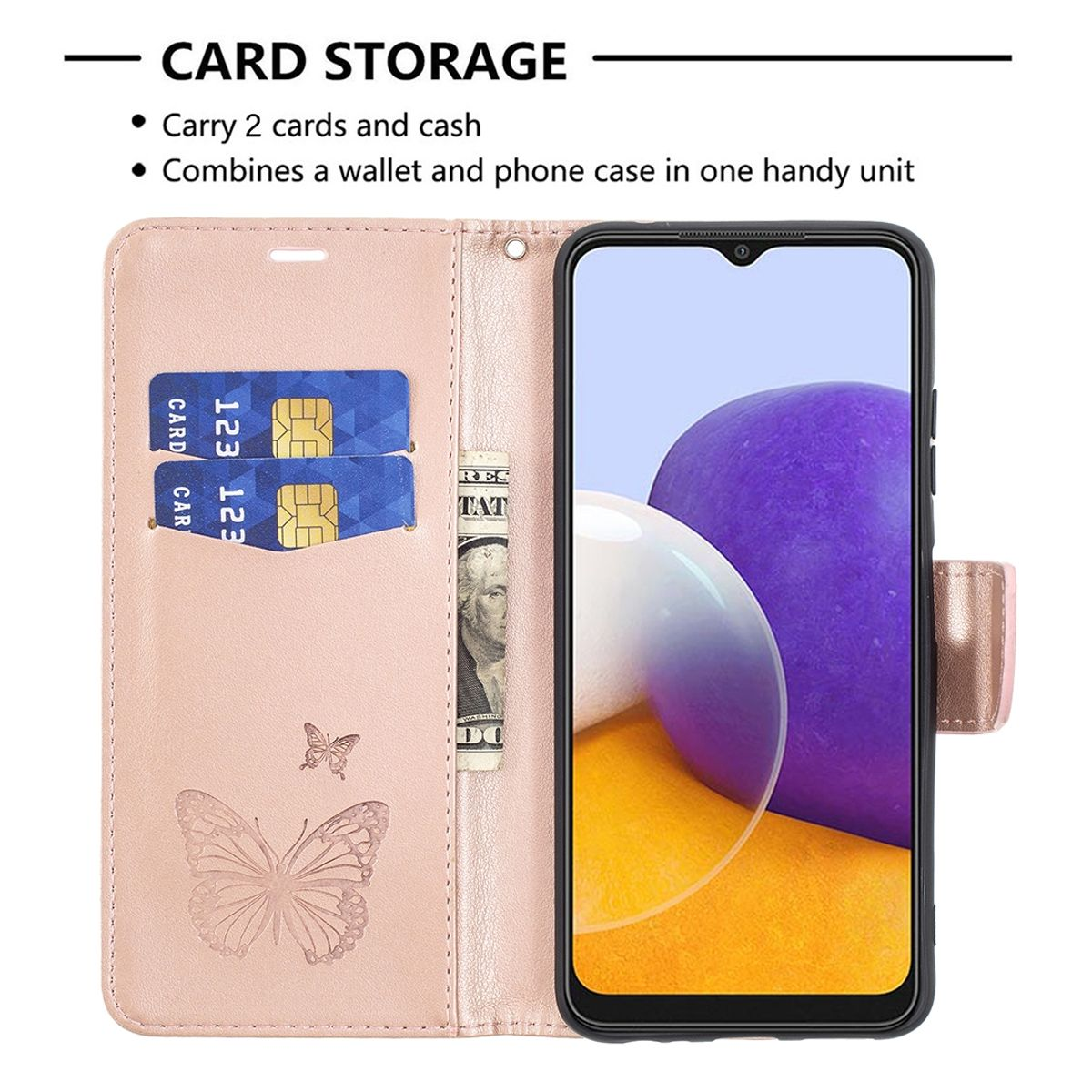 Eine rosa Handyhülle mit einem Telefon und Karten darin. Es hat ein Schmetterlingsdesign und Kartenaufbewahrung.