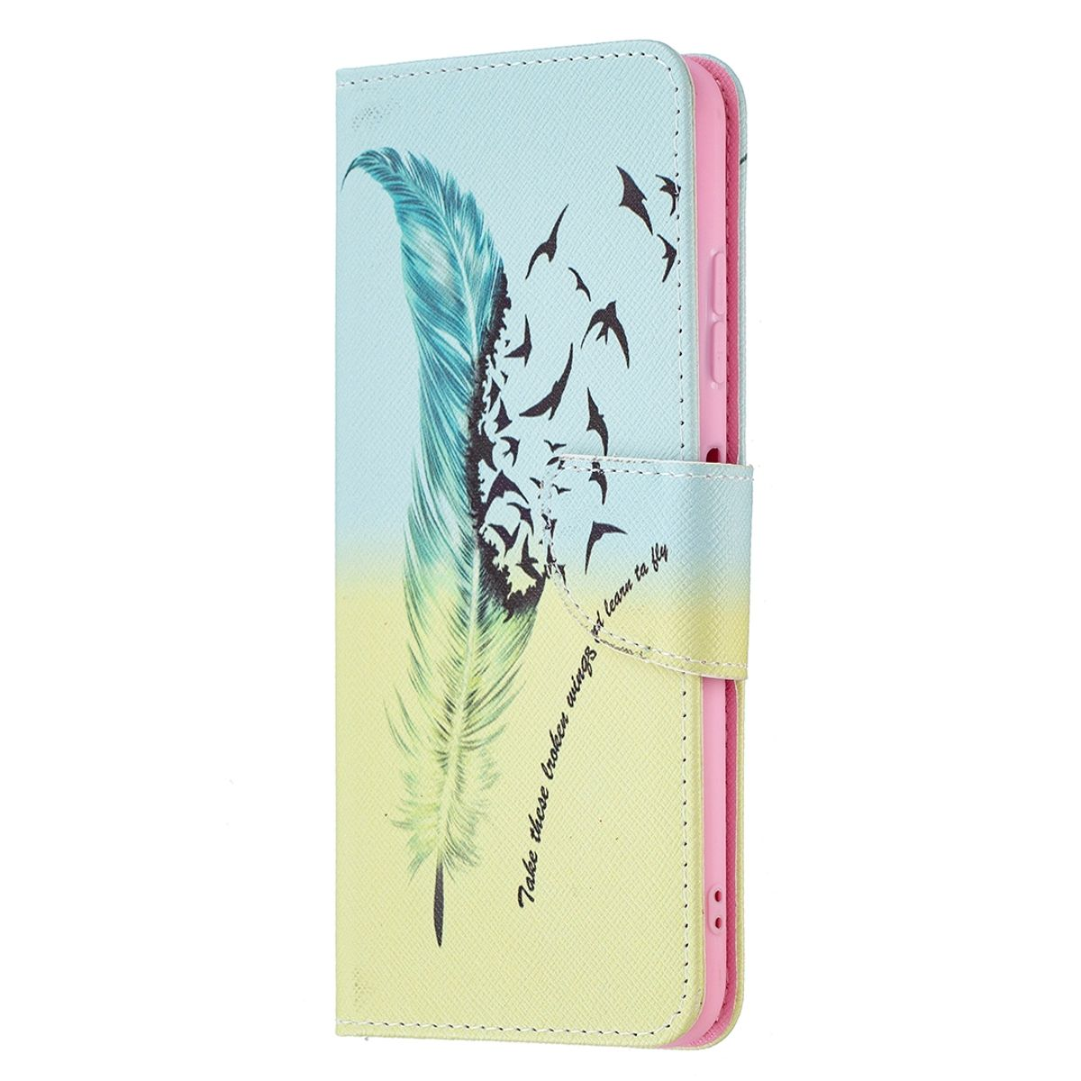 Handyhülle mit blauem und gelbem Federdesign und fliegenden Vögeln. Text sagt: Nimm diese zerbrochenen Flügel.