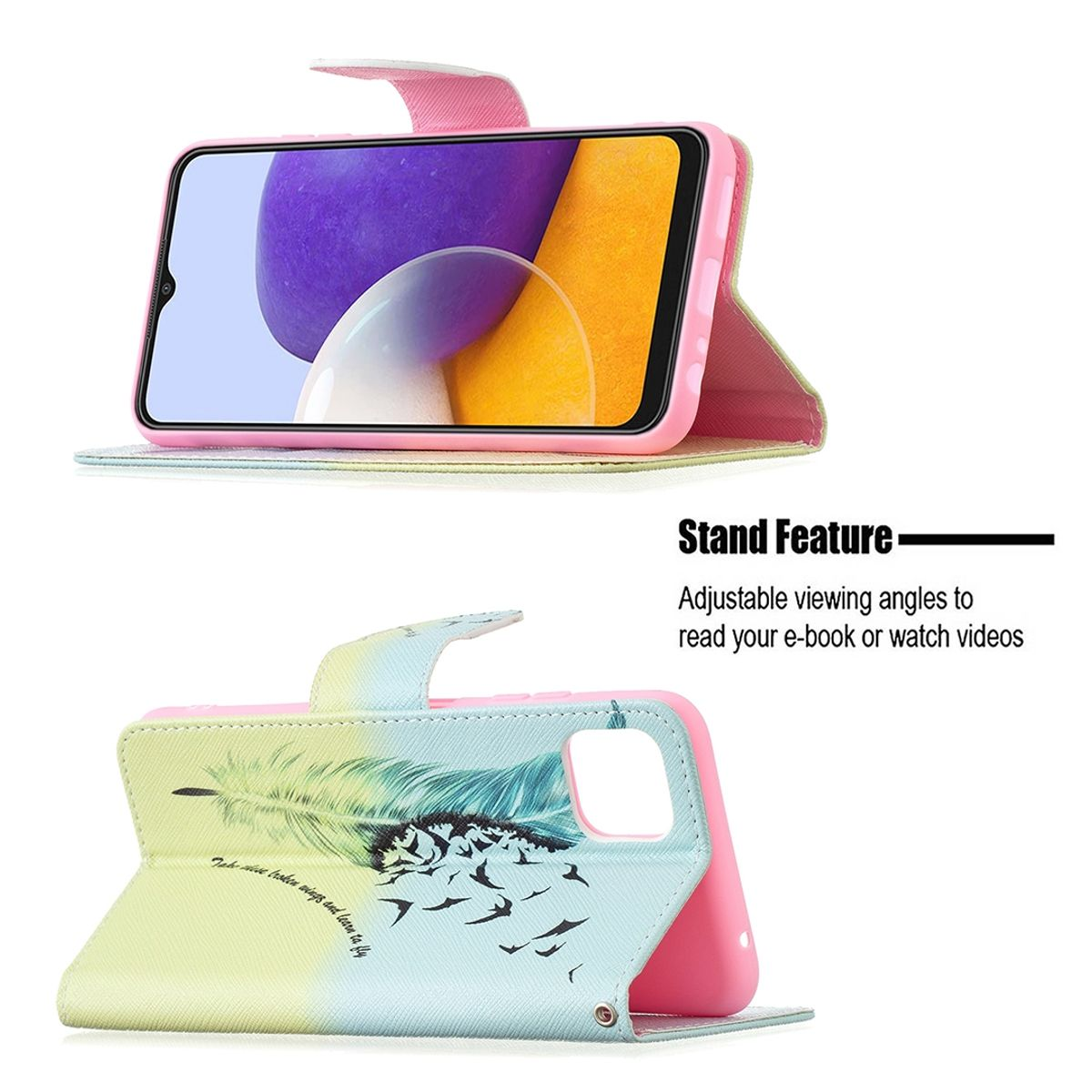 Geöffnete Handyhülle. Telefon darin, mit buntem Federdesign. Rosa, gelbes und grünes Farbschema.