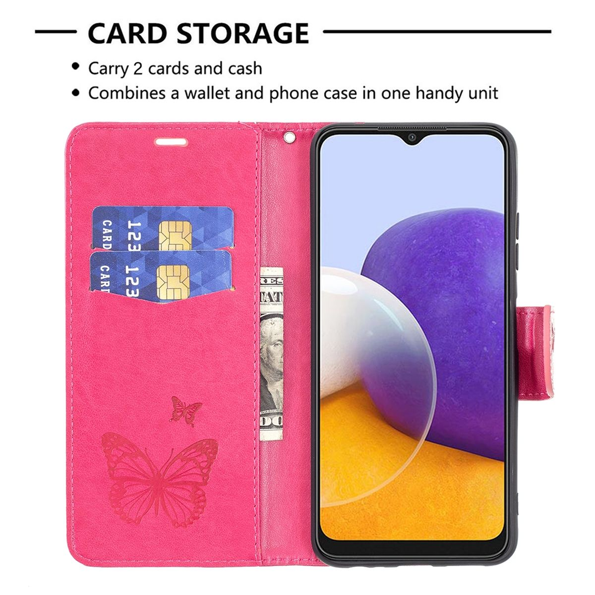 Rosa Handyhülle mit Schmetterlingsdesign, mit Telefon, Karten und Bargeld.