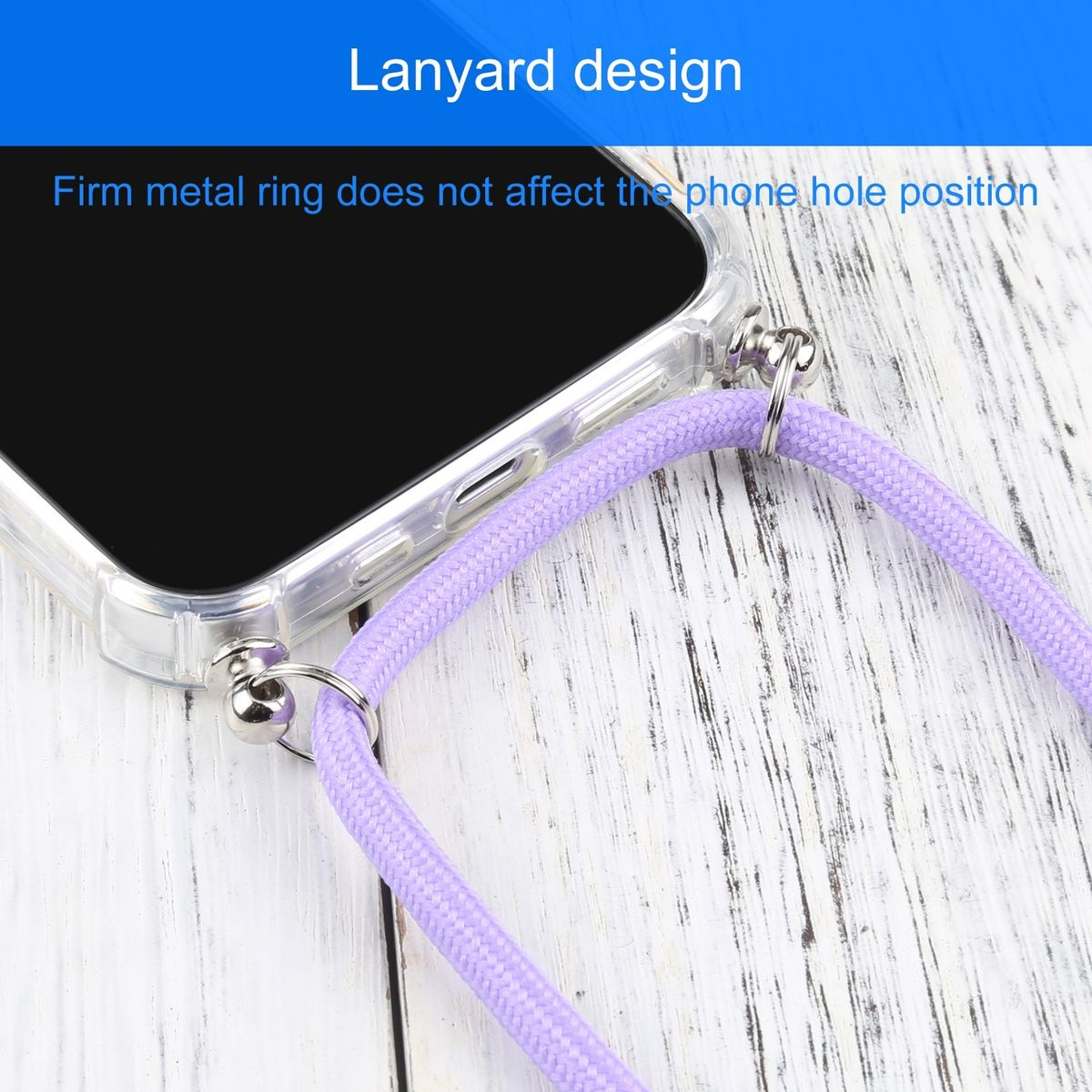 Telefon mit Schlüsselband, lila Kordel. Text lautet 'Lanyard-Design' und 'Fester Metallring hat keinen Einfluss auf die Position des Telefonlochs'.