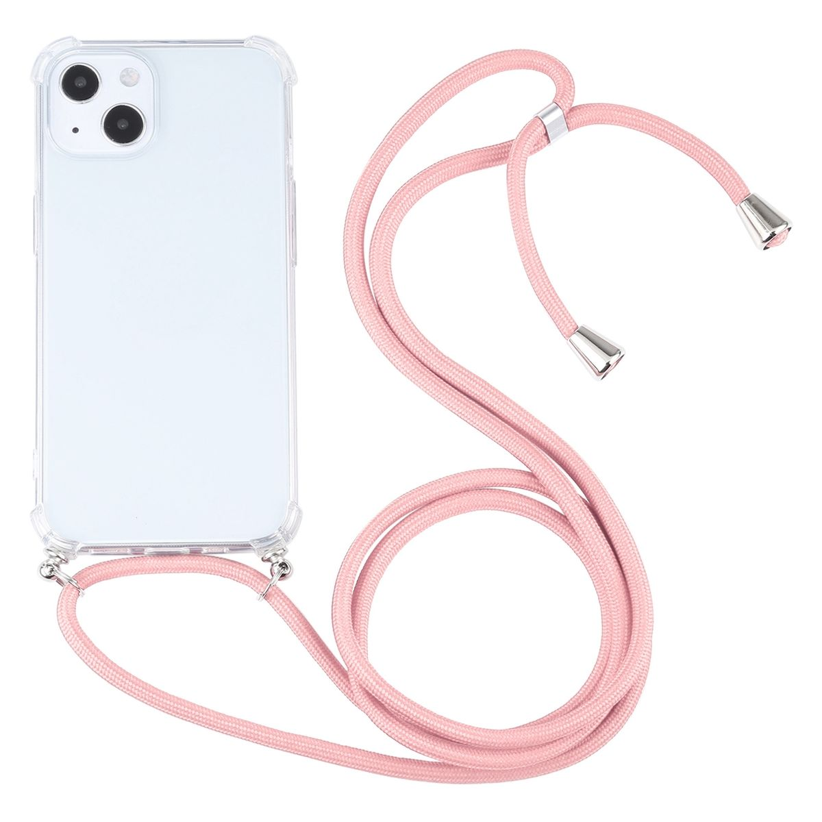 Transparente Handyhülle mit rosa Kordel. Das Telefon ist weiß.
