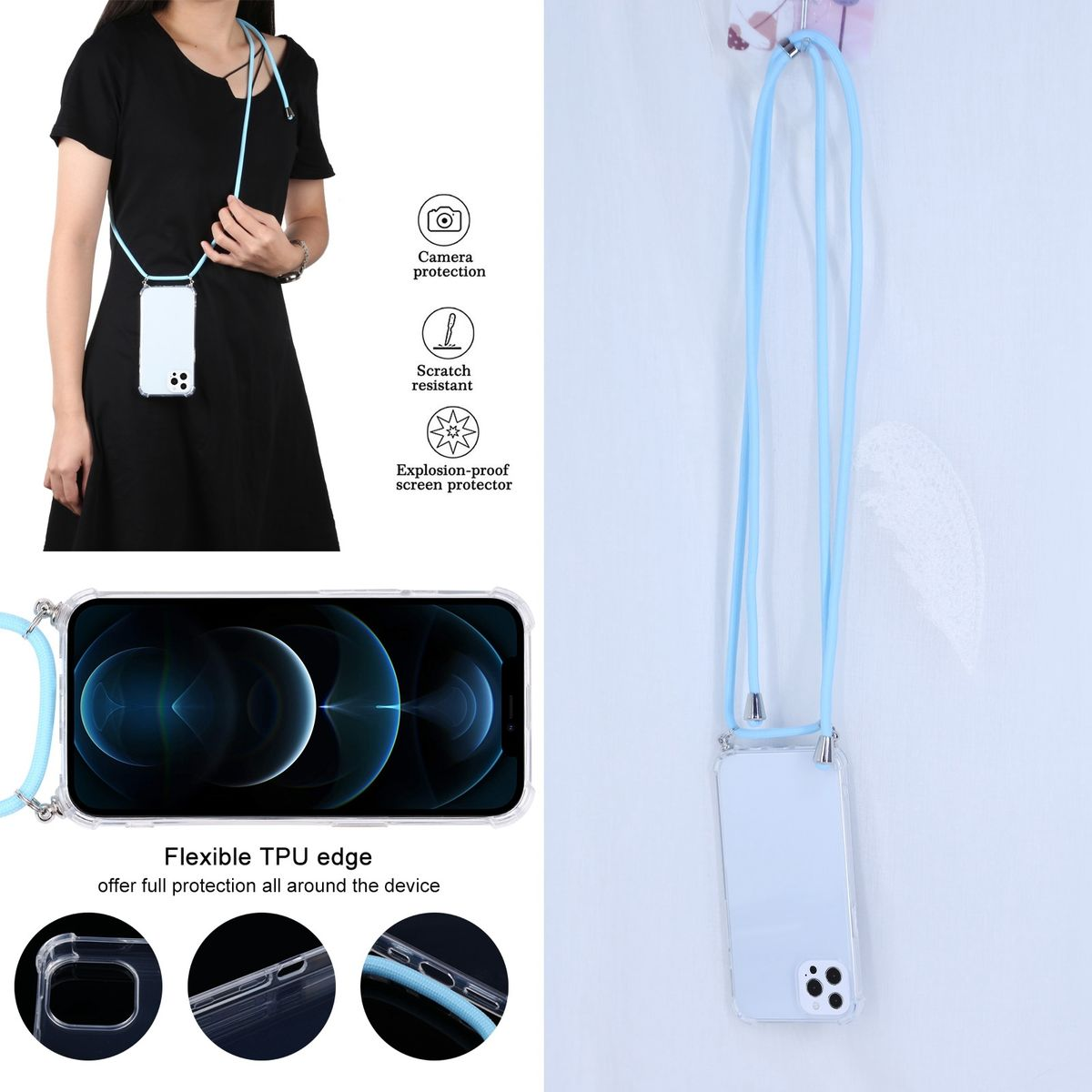 Telefon einer Frau mit einem Lanyard. Das Telefon befindet sich in einer transparenten Hülle. Das Lanyard ist blau.