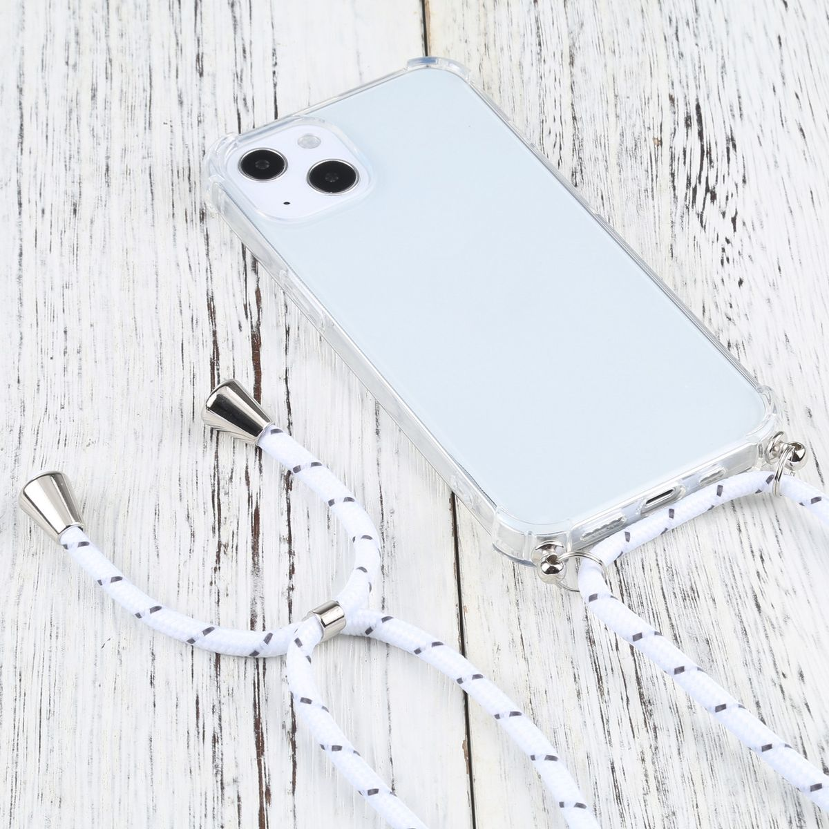 Transparente Handyhülle mit weißem Seilband. Telefon ist im Gehäuse. Holz Hintergrund.
