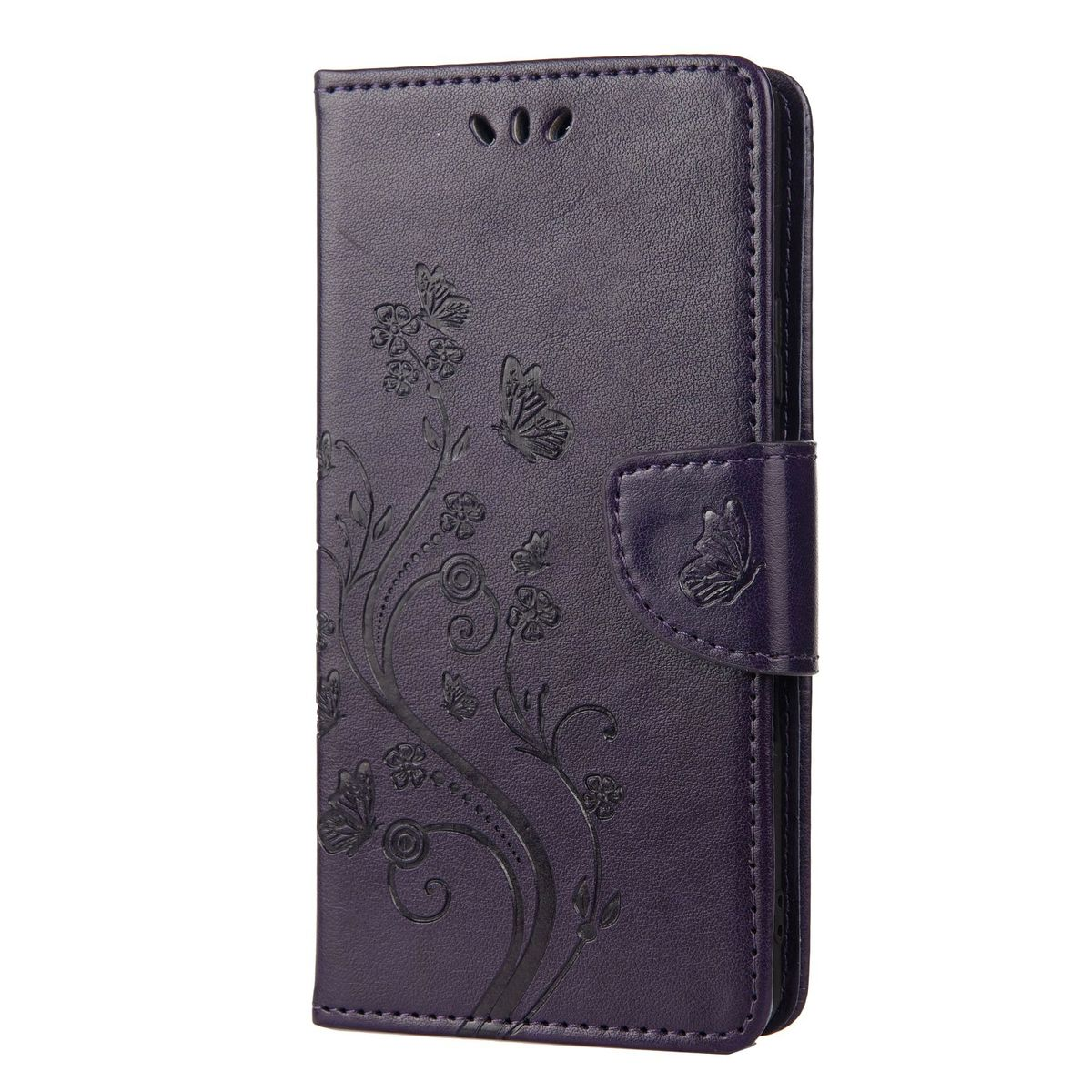 Eine lila Handyhülle mit Blumen- und Schmetterlingsdesign. Sie hat einen Magnetverschluss und ist geschlossen.