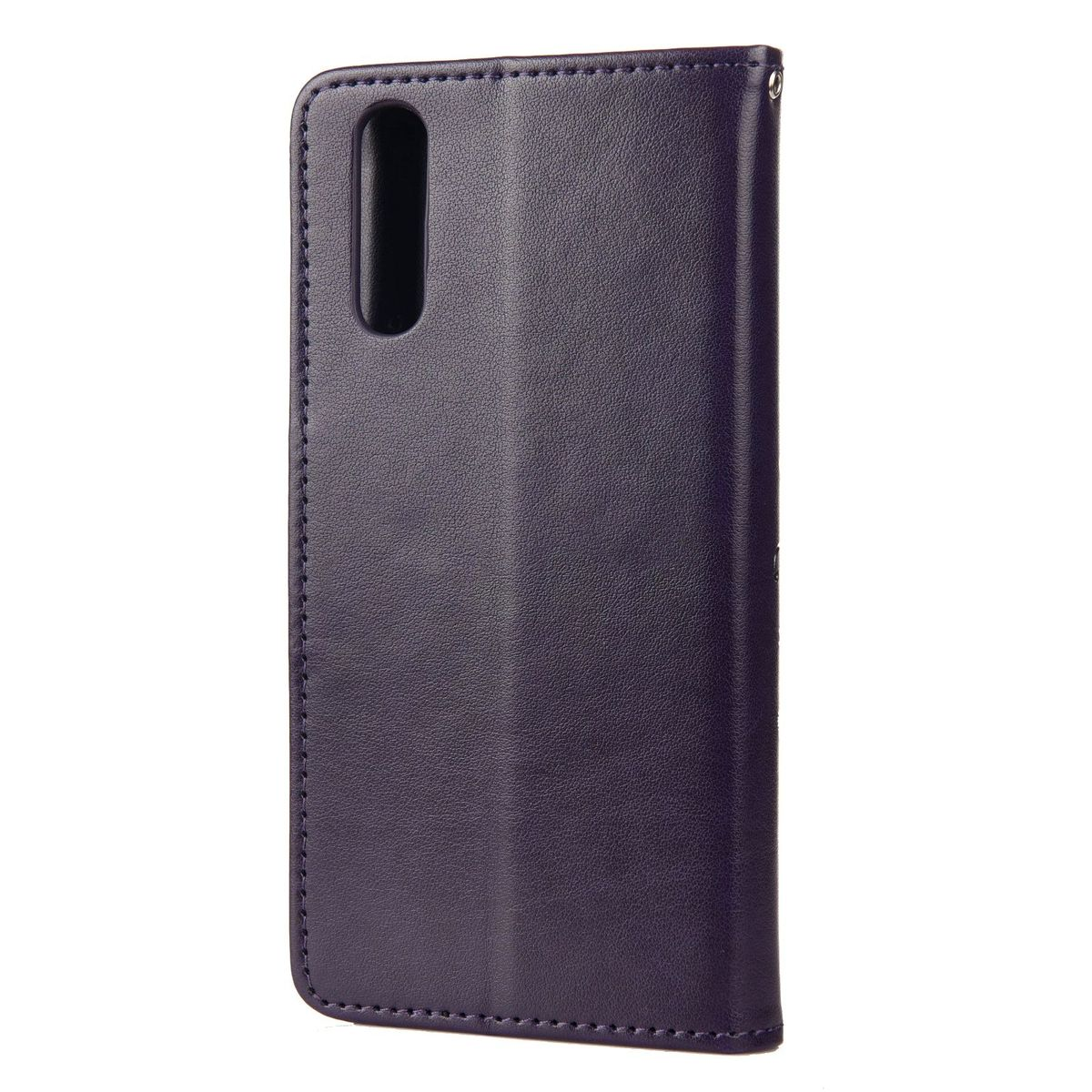 Geschlossene, violette Handyhülle. Seitenansicht, zeigt die Farbe und das Design der Hülle.