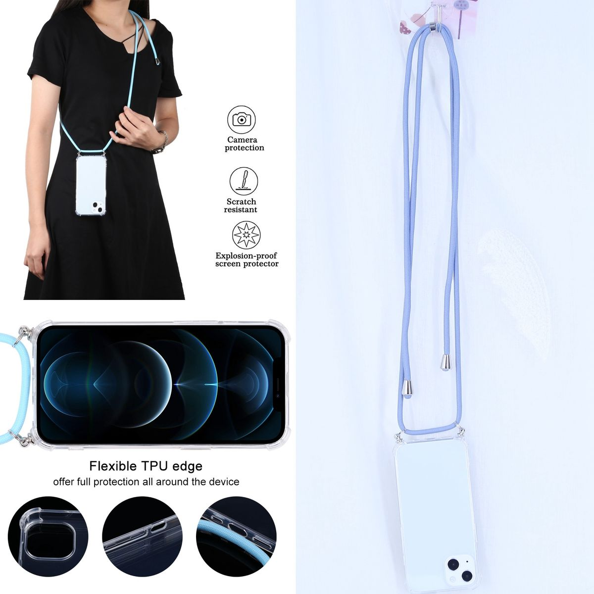 Transparente Handyhülle mit blauem Lanyard. Das Telefon ist sichtbar.