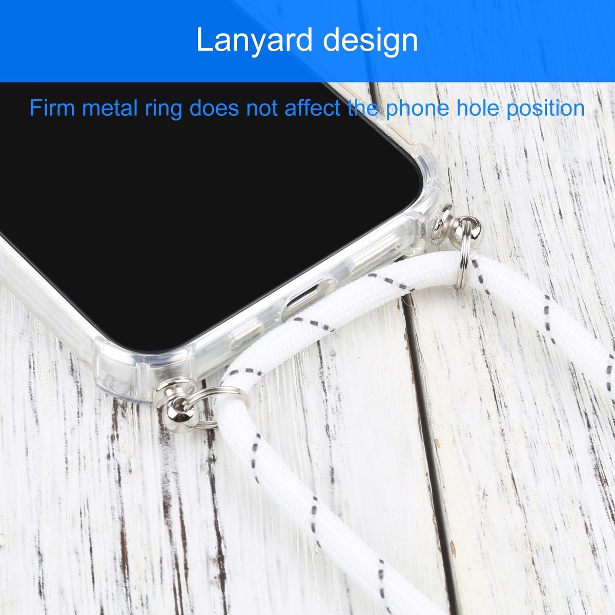Handyhülle mit Lanyard-Design. Weißer Hintergrund und Holz. Weißes Schlüsselband.