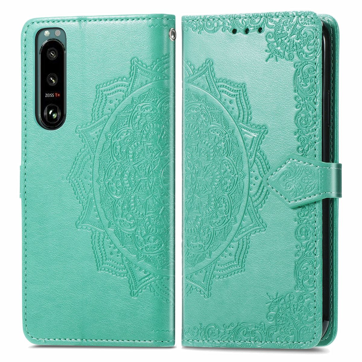 Türkisfarbene Handyhülle mit floralem Design. Hülle ist offen. Das Telefon ist drin.
