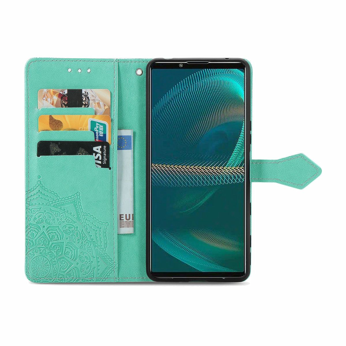 Handyhülle mit Mandala-Design und Kartenfächern. Telefon ist sichtbar.