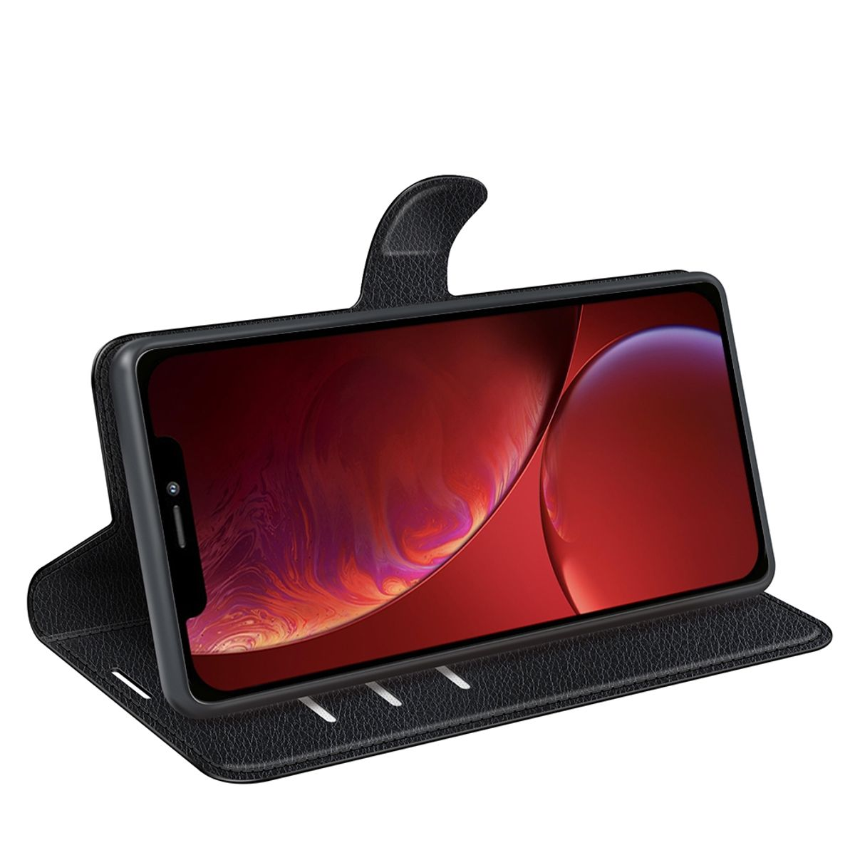 Telefon in einer schwarzen Hülle, das ein abstraktes rotes und oranges Design auf dem Bildschirm zeigt.