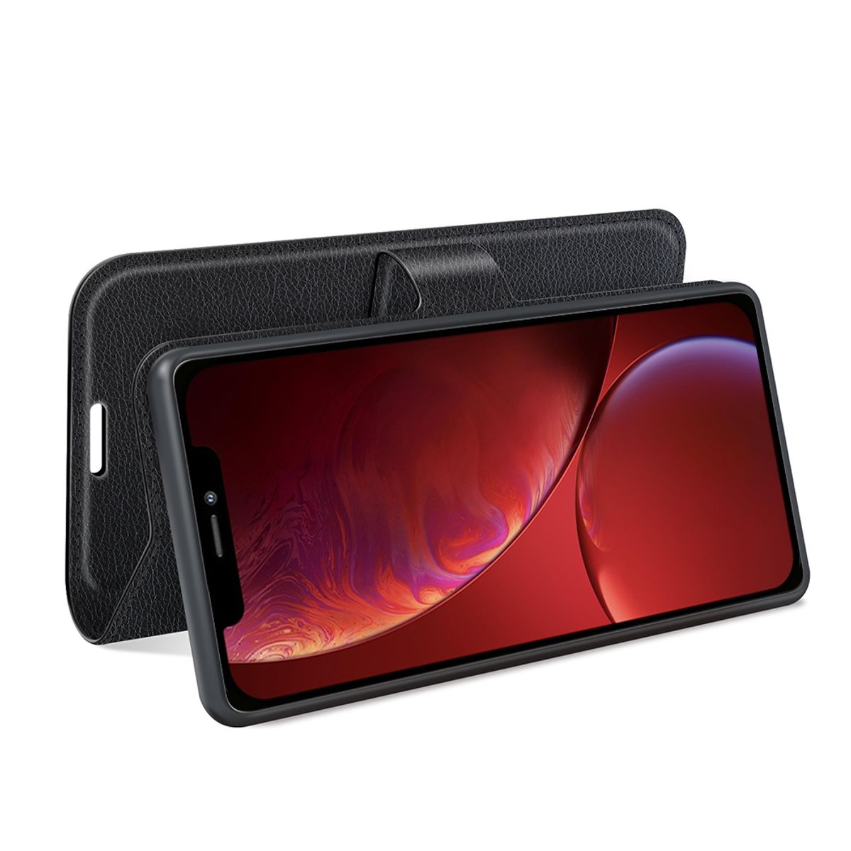Schwarze Leder-Handyhülle mit Telefon darin. Der Hintergrund ist weiß.