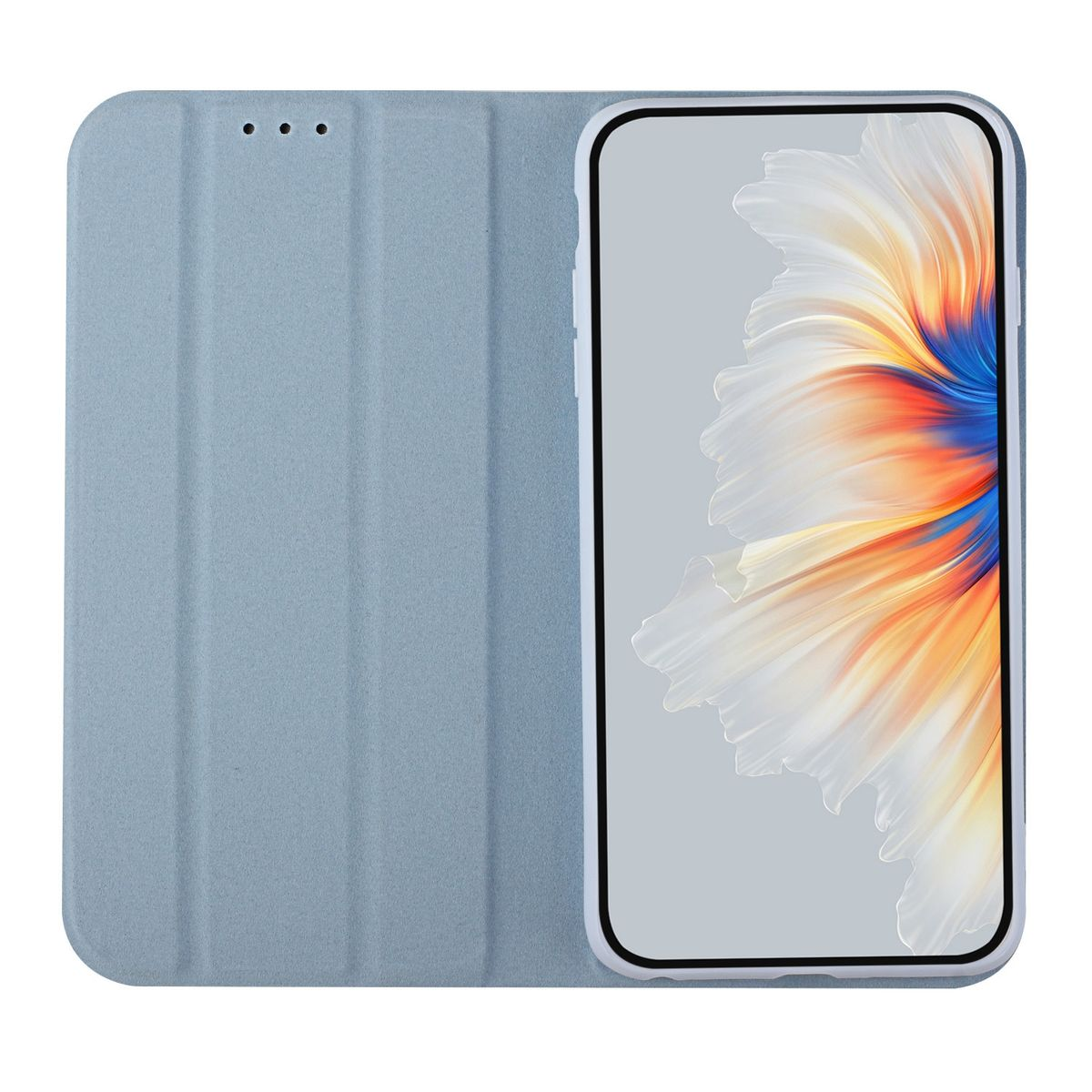 Blaue Handyhülle, geöffnet, um den Telefonbildschirm zu zeigen. Das Telefon zeigt ein farbenfrohes, abstraktes Bild.