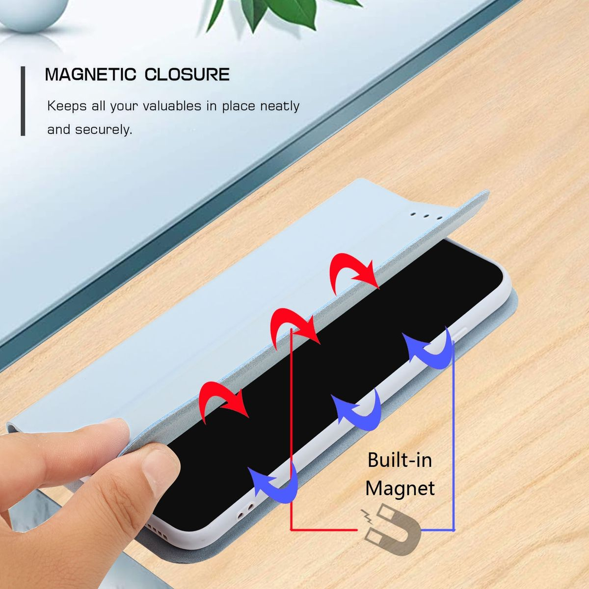 Eine Handyhülle offen, die ein Telefon zeigt. Pfeile zeigen die Platzierung der Magnete an.