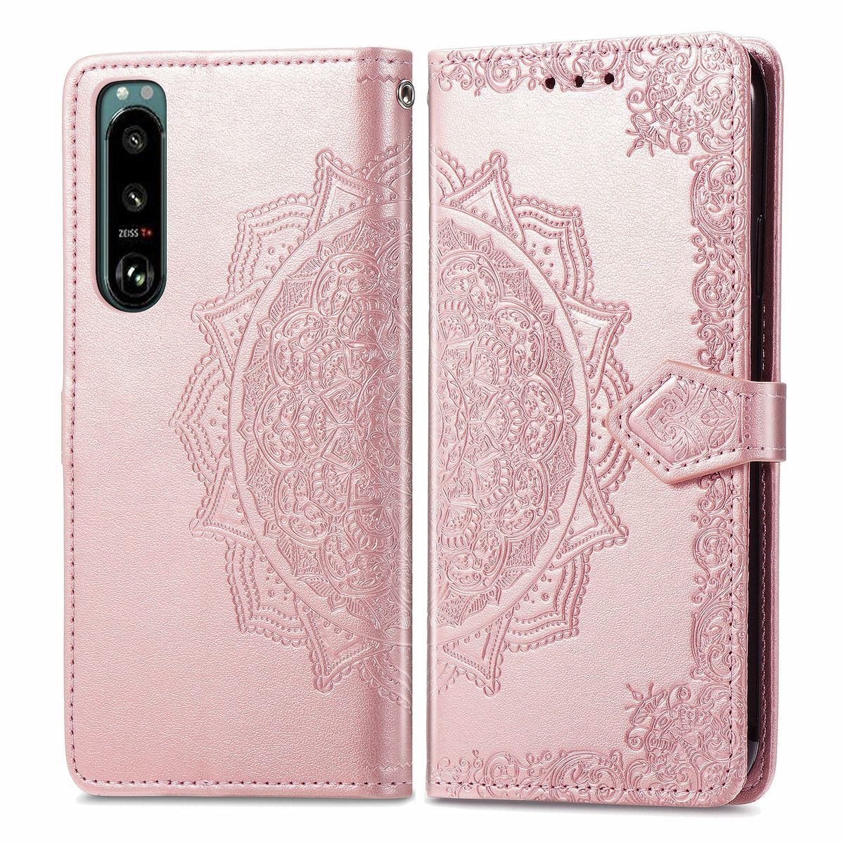Geöffnete rosa Handyhülle mit Mandala-Design. Telefon mit ZEISS-Objektiv auf der linken Seite.