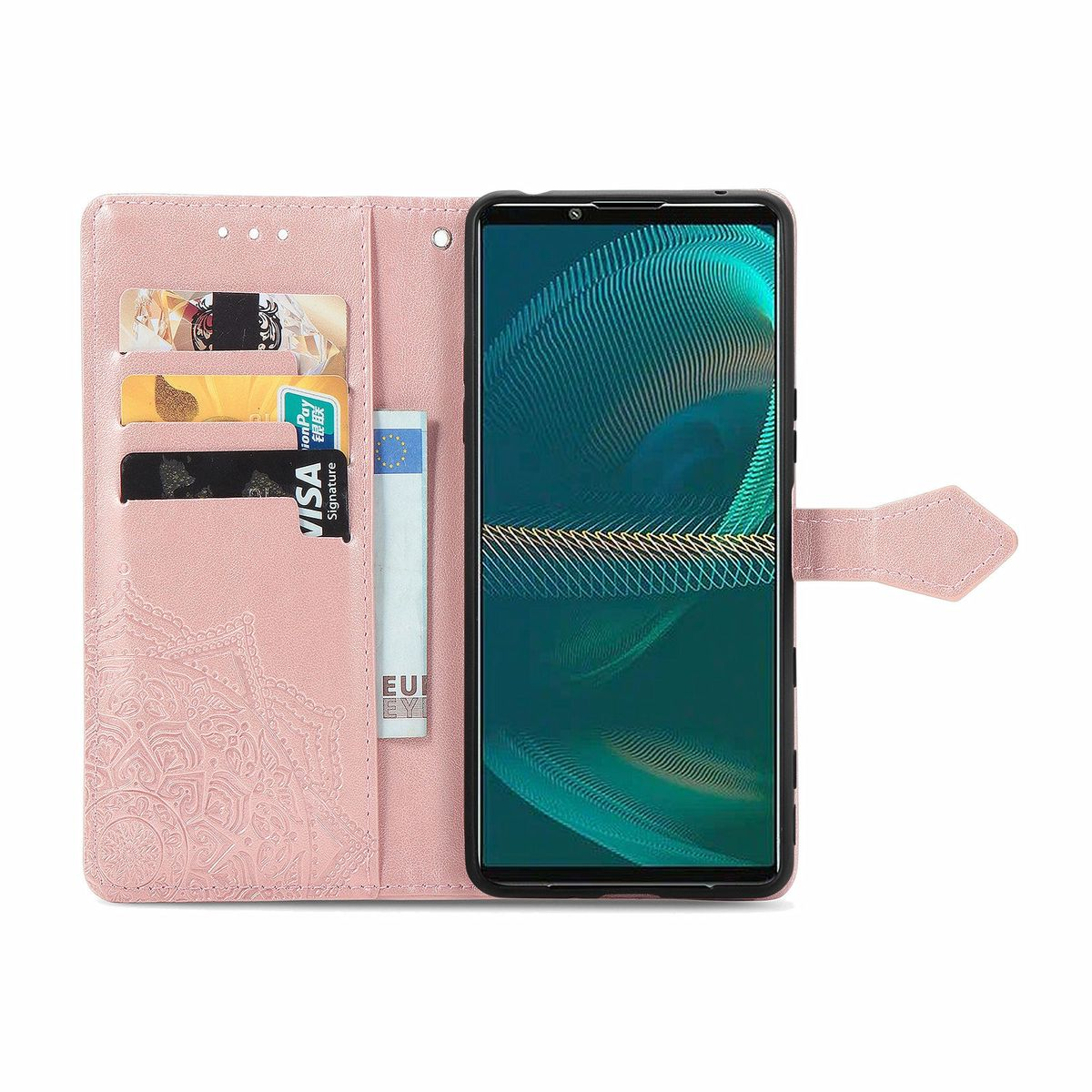 Geöffnete rosa Handyhülle mit Handy. Karten und Geld in den Schlitzen der Hülle.