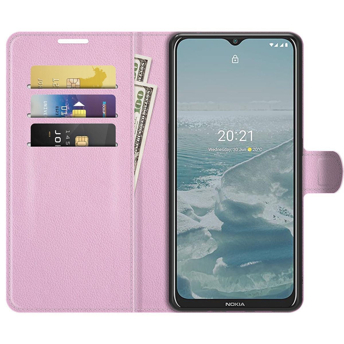 Geöffnete pinke Handyhülle, Karten, Geld und Telefon.