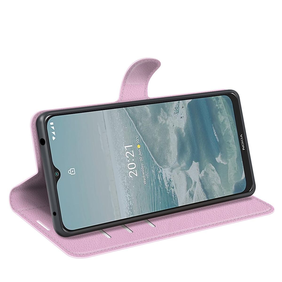 Rosa Handyhülle mit einem rosa Telefon darin. Das Telefon zeigt die Uhrzeit an und hat einen schwarzen Rahmen.