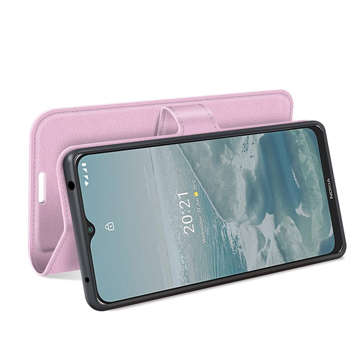 Rosa Handyhülle mit einem Telefon darin. Das Telefon zeigt die Zeit '20:21'.
