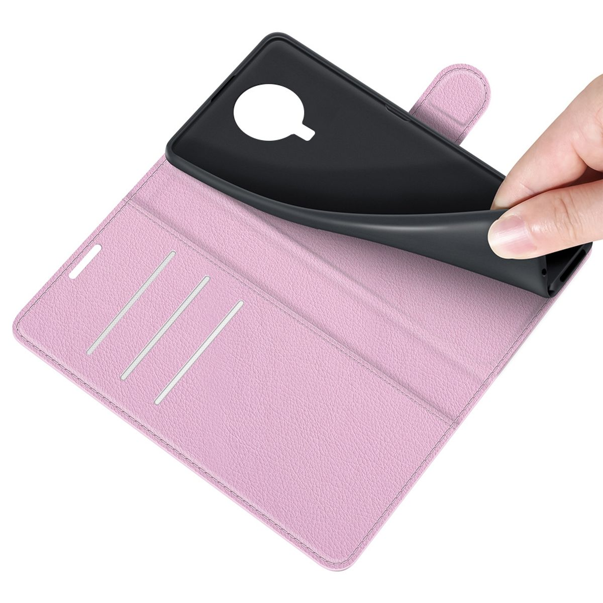Rosa Handyhülle mit Telefon, geöffnet, gehalten von einer Hand.