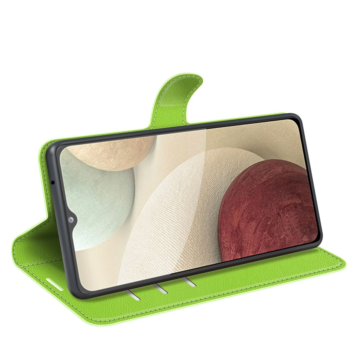 Eine grüne Handyhülle ist geöffnet und zeigt ein Telefon im Standmodus. Der Hintergrund hat ein rot-weißes Design.