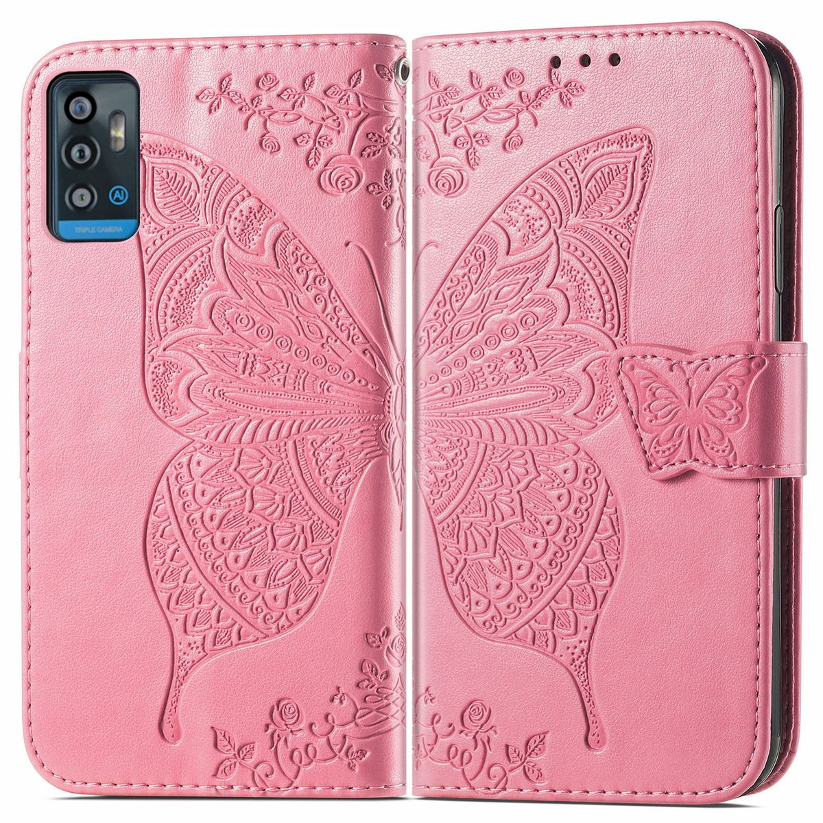 Rosa Handyhülle offen. Dekoratives Schmetterlingsdesign. Hintergrund ist weiß.