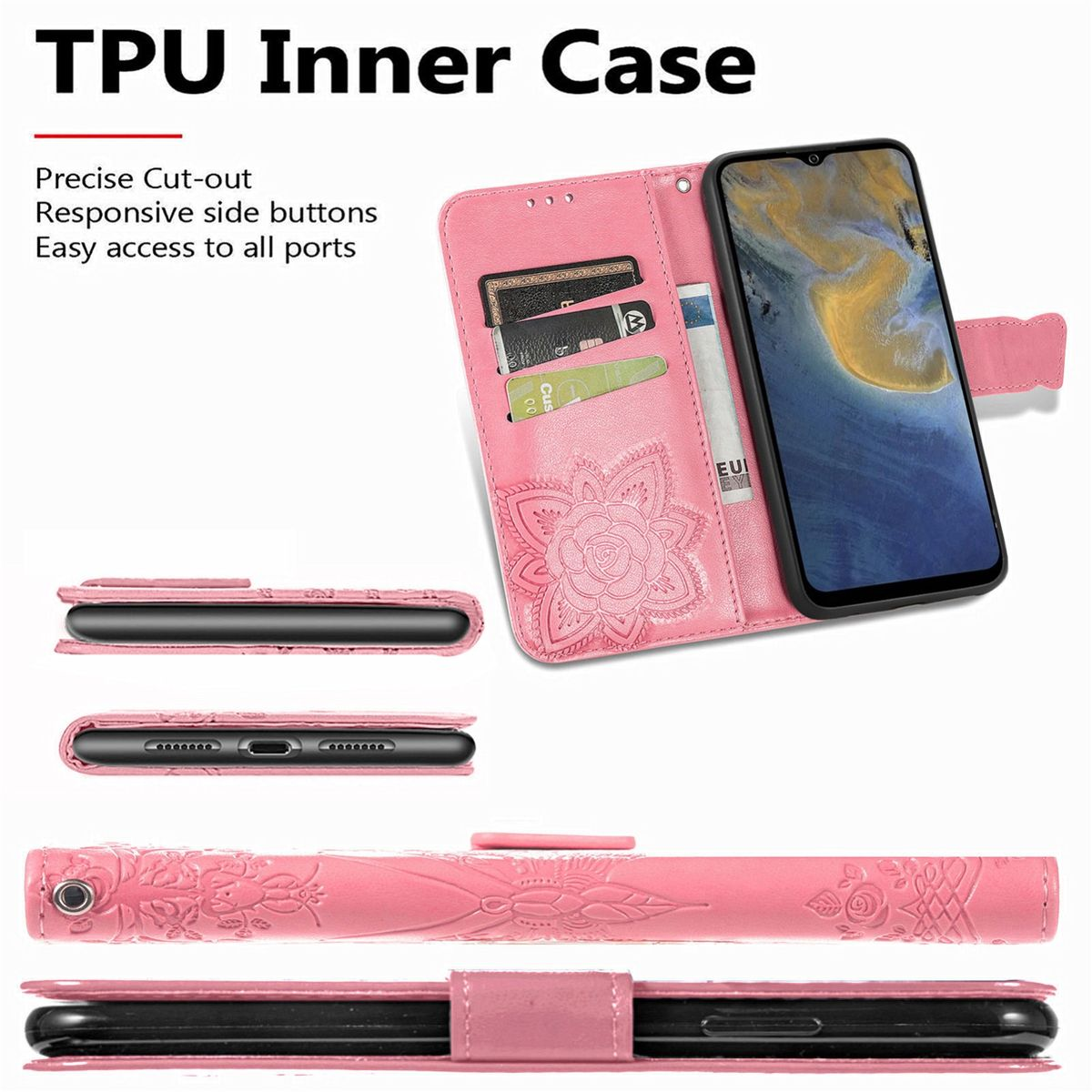 Geöffnete rosa Handyhülle mit Telefon. Innenseite mit Kartenfächern. Bilder zeigen Hüllendetails.