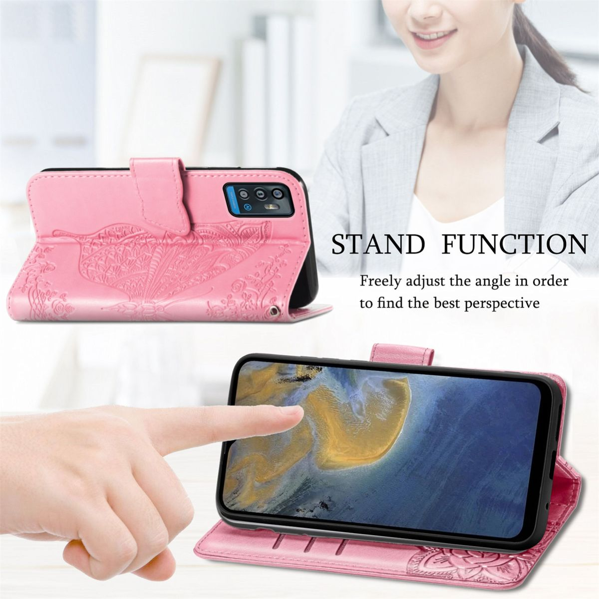 Rosa Handyhülle mit Mandala-Design. Text: Standfunktion, Winkel einstellen. Eine Hand berührt das Telefon.