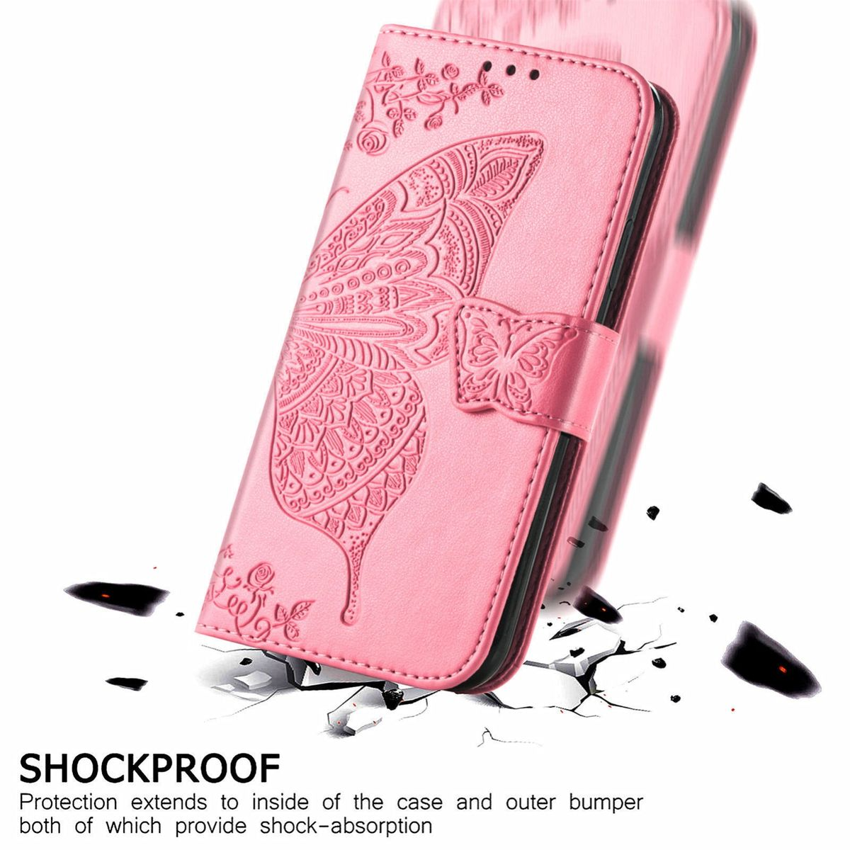 Rosa Handyhülle mit geprägtem Schmetterlingsdesign. Gehäuse offen, Telefon sichtbar. Risse im Hintergrund.